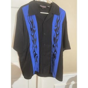 men’s Sapphire Lounge shirt shirt, size large, blue flames, black background,